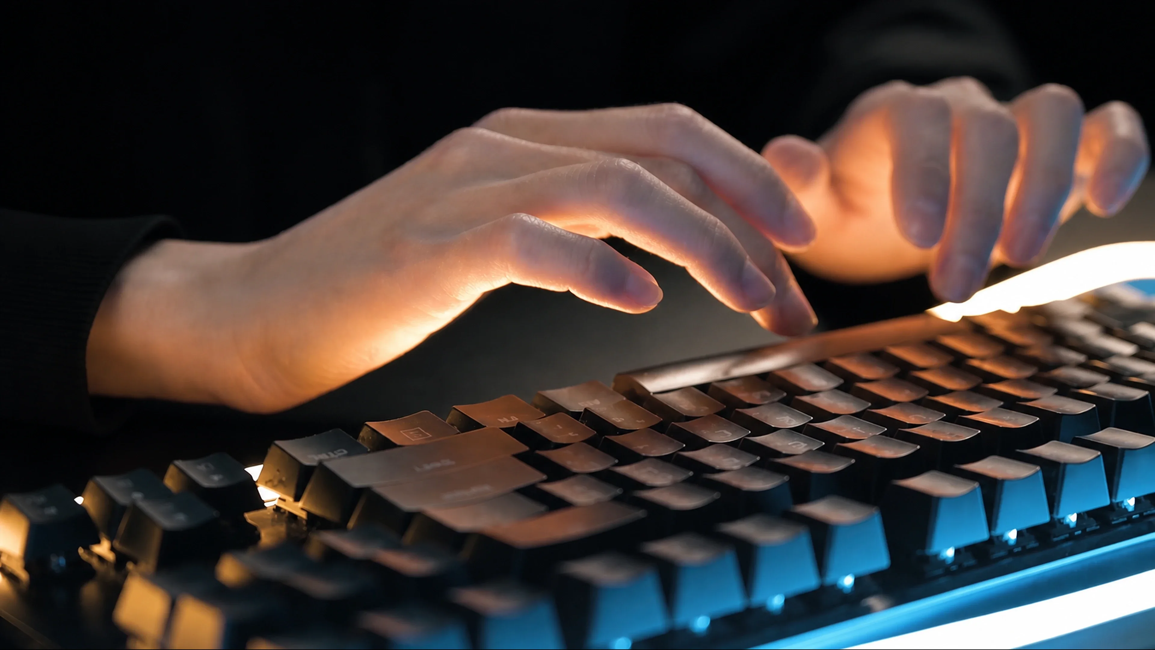 Hands using an illuminated keyboard