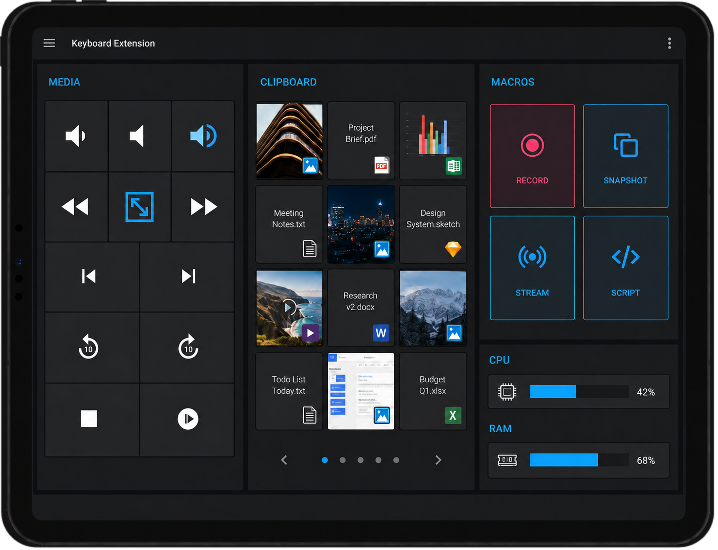 Keyboard Extension productivity widget displayed on a front-facing tablet