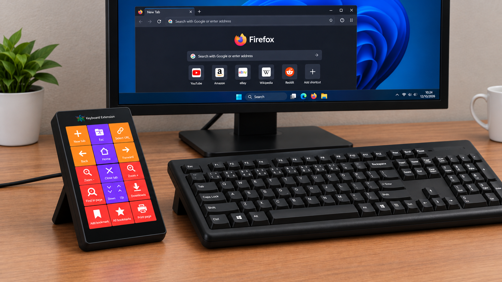 Keyboard Extension touchscreen with colorful Firefox browser controls beside a Windows PC keyboard